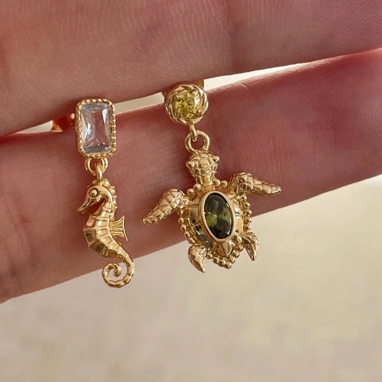24KAE Earrings with Turtle and Green Stones