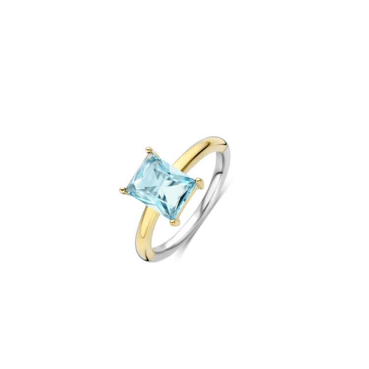 TI SENTO MILANO Two Tone Rectangular Ring in Silver 925 with Light Blue Zircon