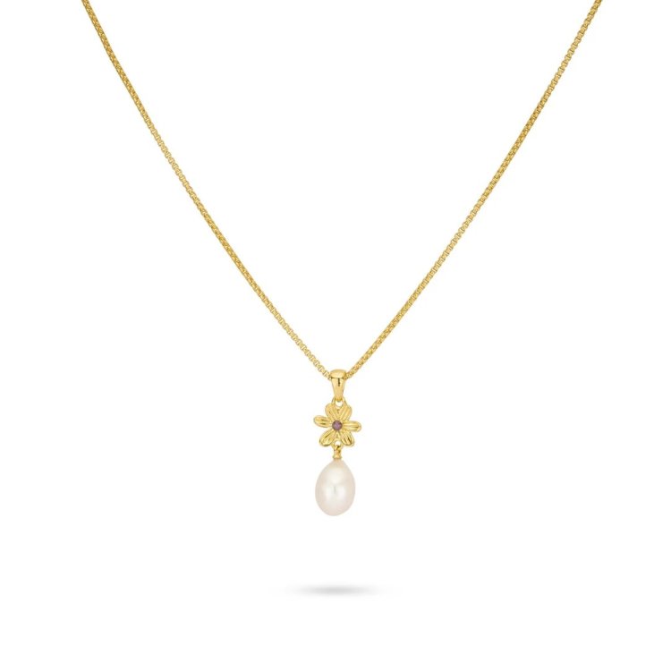24KAE Necklace with Flower and Sweetwater Pearl