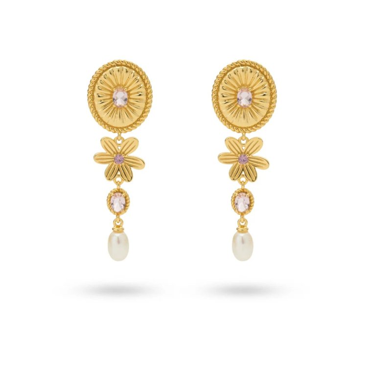 24KAE Statement Earrings with Colored Stones and Sweetwater Pearl