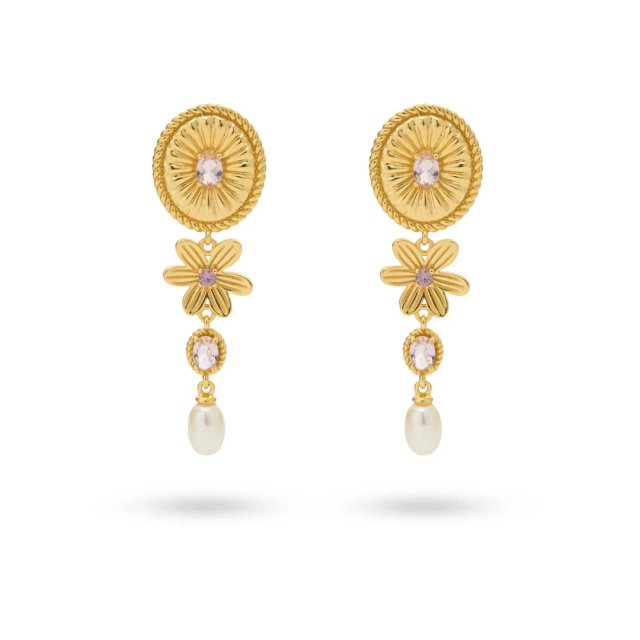 24KAE Statement Earrings with Colored Stones and Sweetwater Pearl