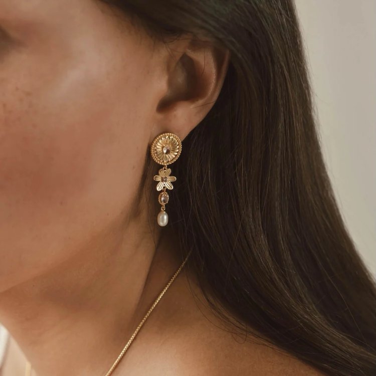 24KAE Statement Earrings with Colored Stones and Sweetwater Pearl