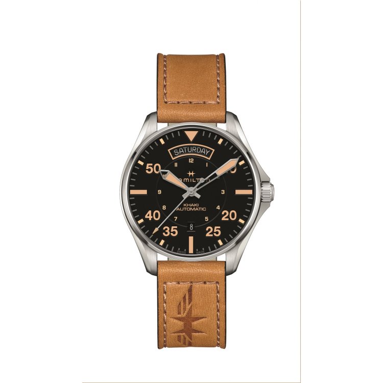 HAMILTON Khaki Aviation Day Date Auto Brown Leather Strap