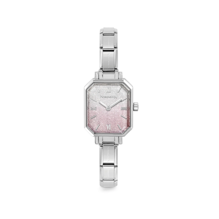 NOMINATION WATCH PARIS STAINLESS STEEL RECTANGLE & PINK FADE GLITTER DIAL