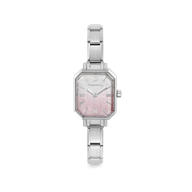 NOMINATION WATCH PARIS STAINLESS STEEL RECTANGLE & PINK FADE GLITTER DIAL