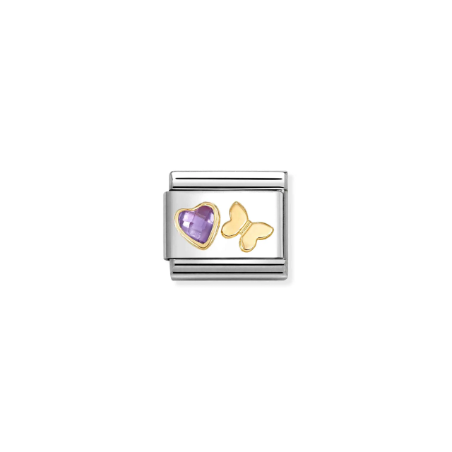 NOMINATION COMPOSABLE CLASSIC LINK PURPLE CZ HEART & BUTTERFLY IN 18K GOLD