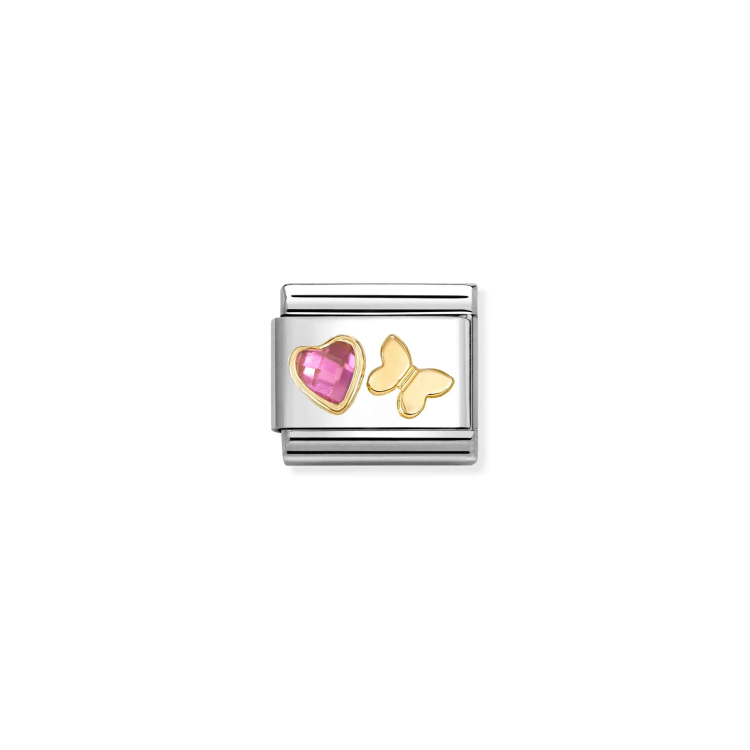 NOMINATION COMPOSABLE CLASSIC LINK PINK CZ HEART & BUTTERFLY IN 18K GOLD