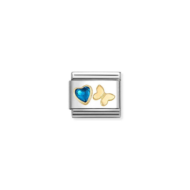 NOMINATION COMPOSABLE CLASSIC LINK BLUE CZ HEART & BUTTERFLY IN 18K GOLD