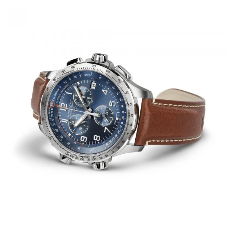 HAMILTON Khaki Aviation X Wind GMT Chrono Quartz Brown Leather