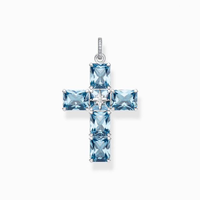 THOMAS SABO Silver Pendant Cross Large Blue Stones with Star