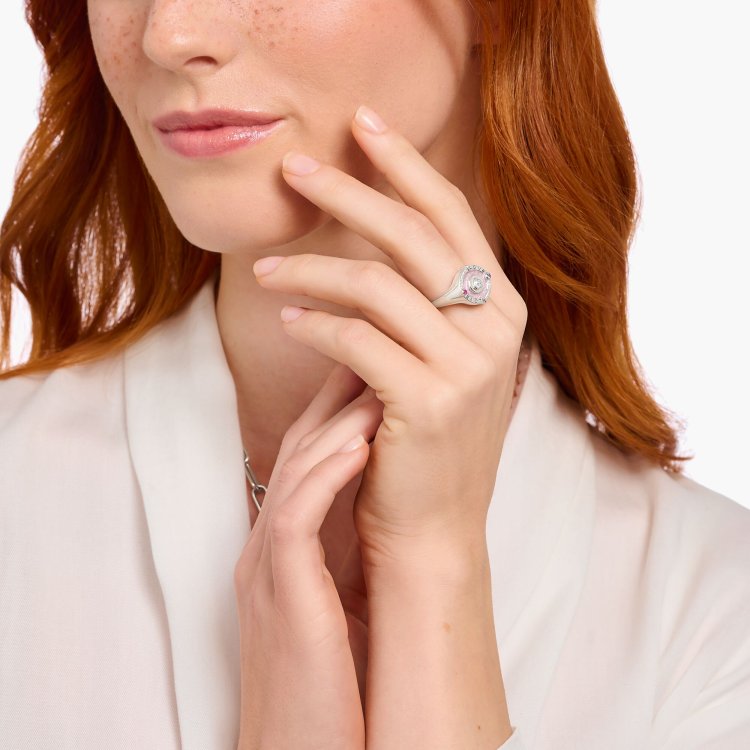 THOMAS SABO Silver Signet Ring with Stones and Pinkish Cold Enamel