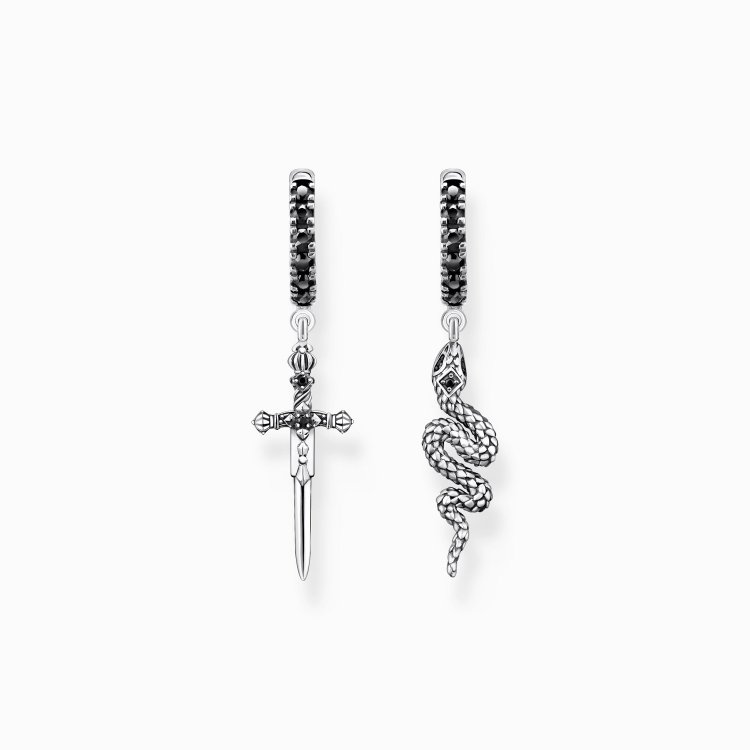THOMAS SABO Silver Hoop Earrings Blackened Snake and Sword