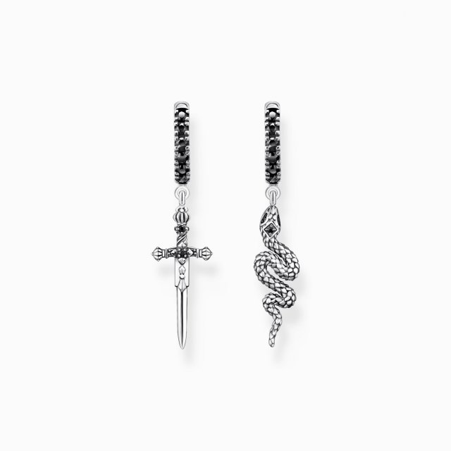 THOMAS SABO Silver Hoop Earrings Blackened Snake and Sword