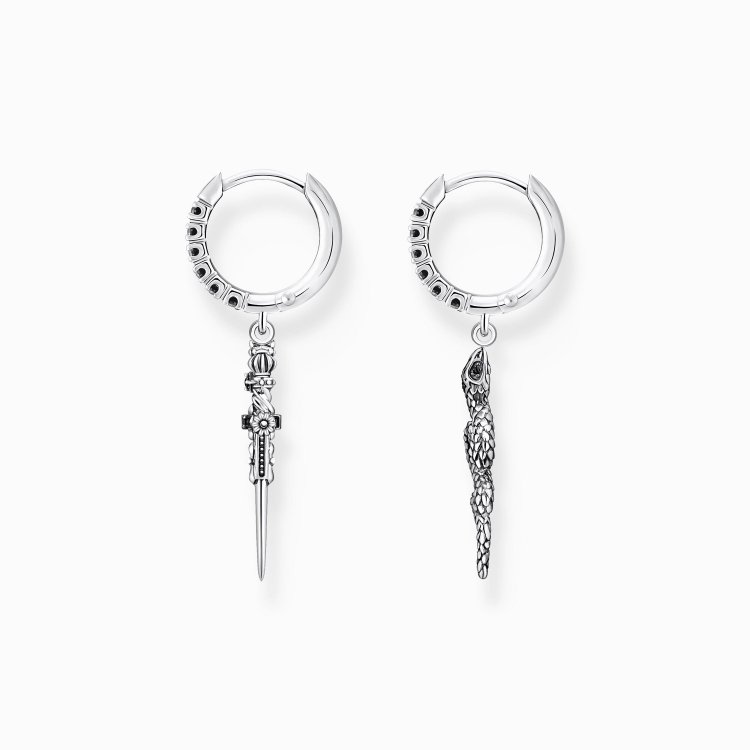 THOMAS SABO Silver Hoop Earrings Blackened Snake and Sword