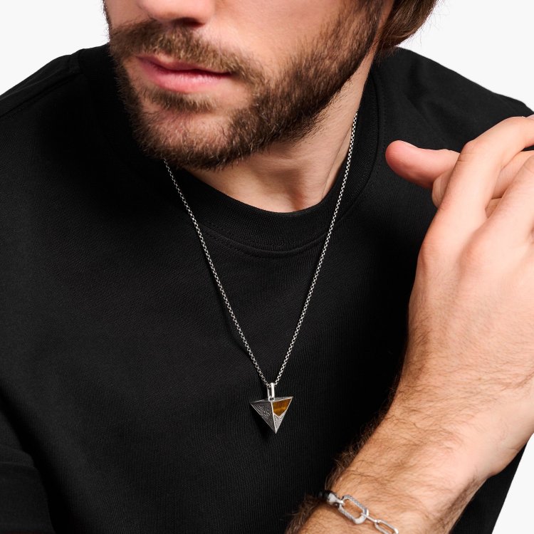 THOMAS SABO Silver Charm Pendant Pyramid with Black Onyx Beads and Tiger's Eye Beads