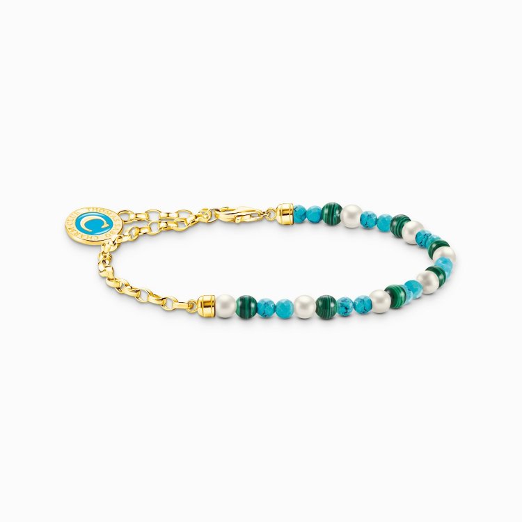 THOMAS SABO Silver Member Charm Bracelet with White Pearls, Malachite and Charmista Disc Gold Plated