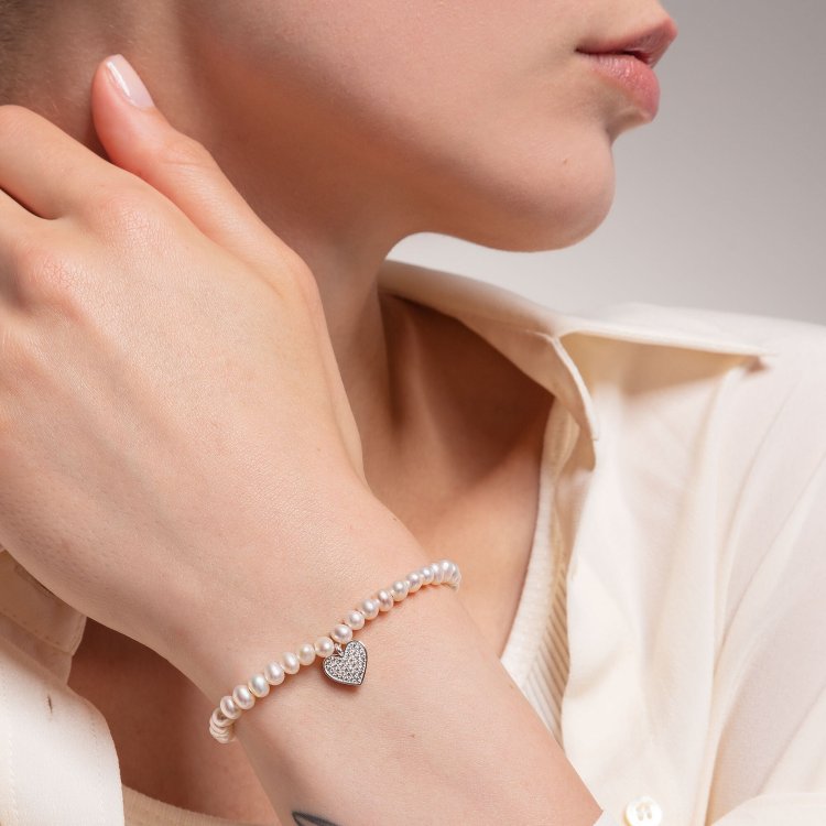THOMAS SABO Silver Bracelet White Pearls and Heart Pavé