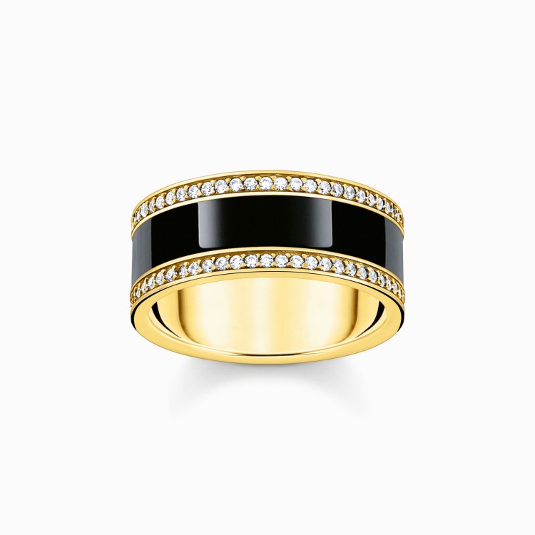 THOMAS SABO Yellow-Gold Plated Band Ring with Black Cold Enamel and Zirconia