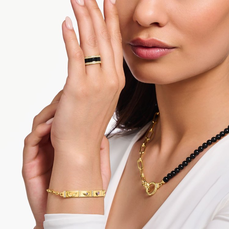THOMAS SABO Yellow-Gold Plated Band Ring with Black Cold Enamel and Zirconia