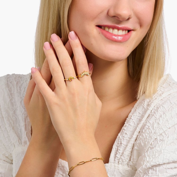THOMAS SABO Gold-Plated Ring with Sun Beams and Colourful Stones