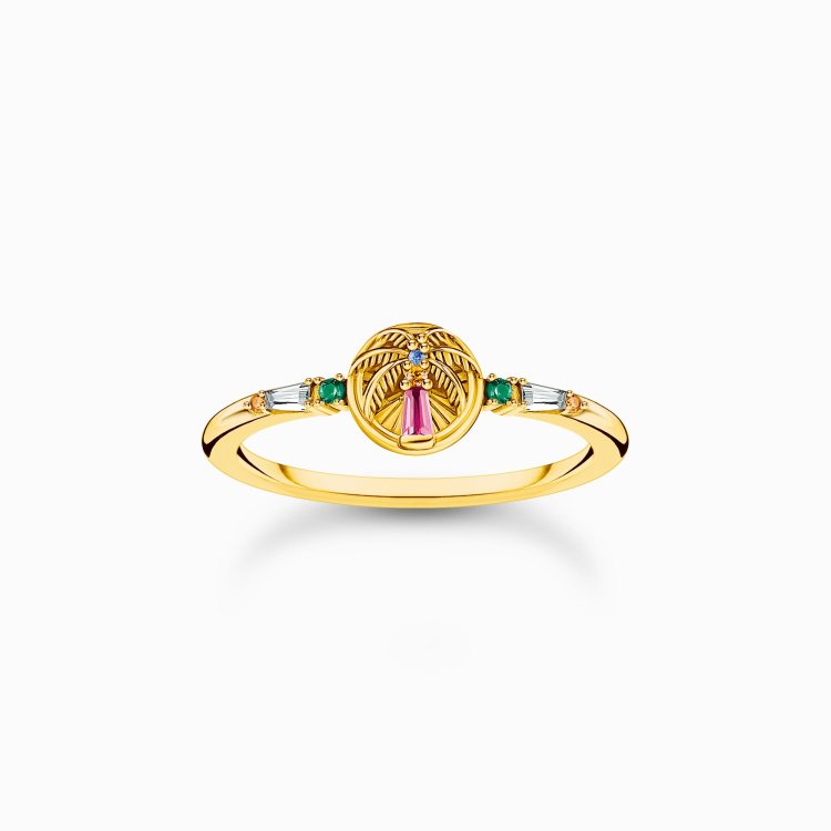 THOMAS SABO Gold-Plated Ring with Sun Beams and Colourful Stones