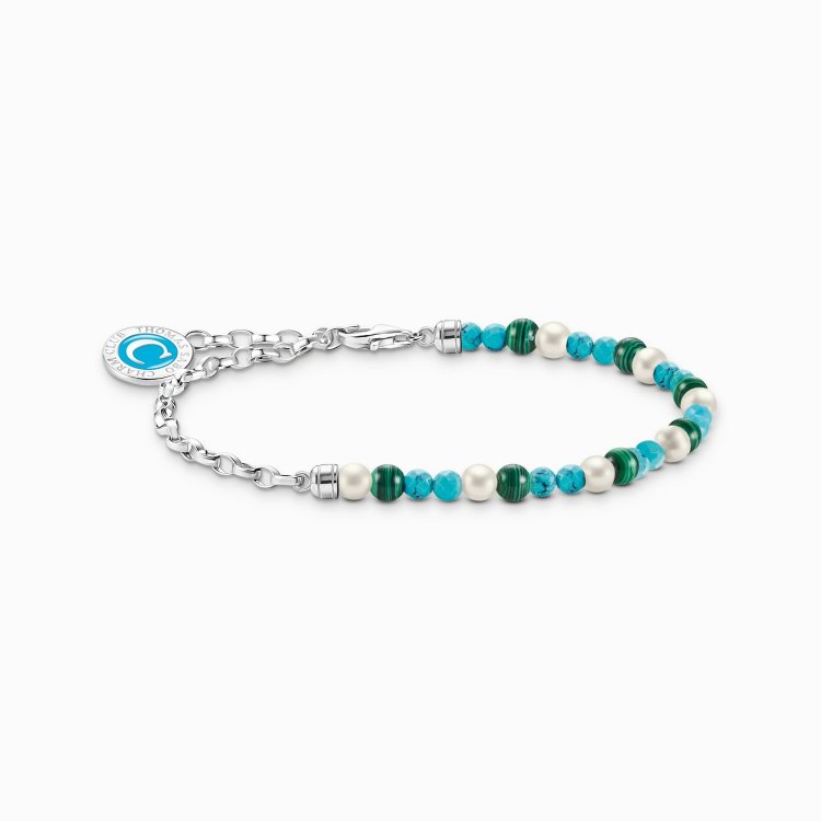 THOMAS SABO Silver Member Charm Bracelet with White Pearls, Malachite and Charmista Disc