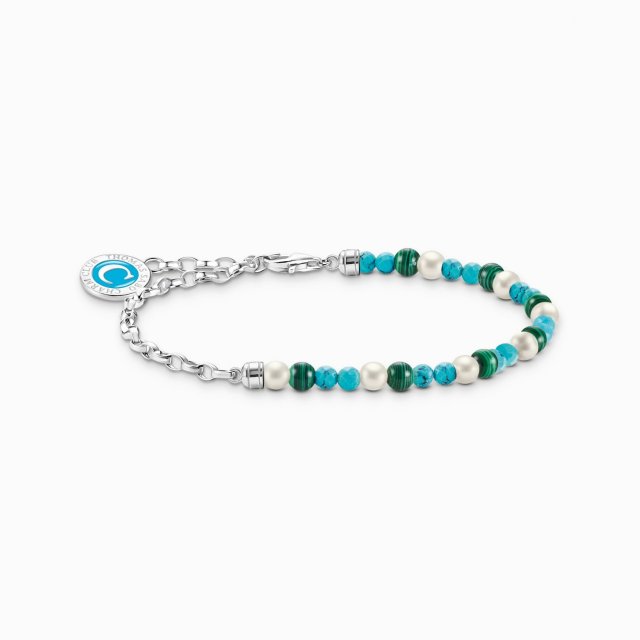 THOMAS SABO Silver Member Charm Bracelet with White Pearls, Malachite and Charmista Disc