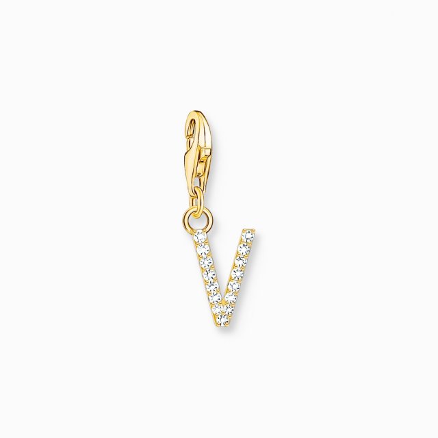 THOMAS SABO Silver Charm Pendant Letter V with White Stones Gold Plated