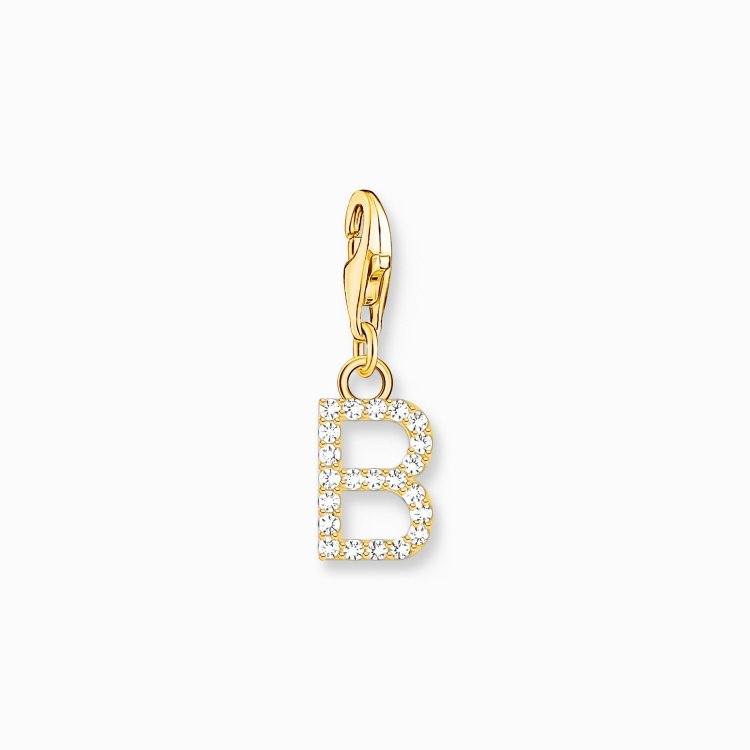 THOMAS SABO Silver Charm Pendant Letter B with White Stones Gold Plated 