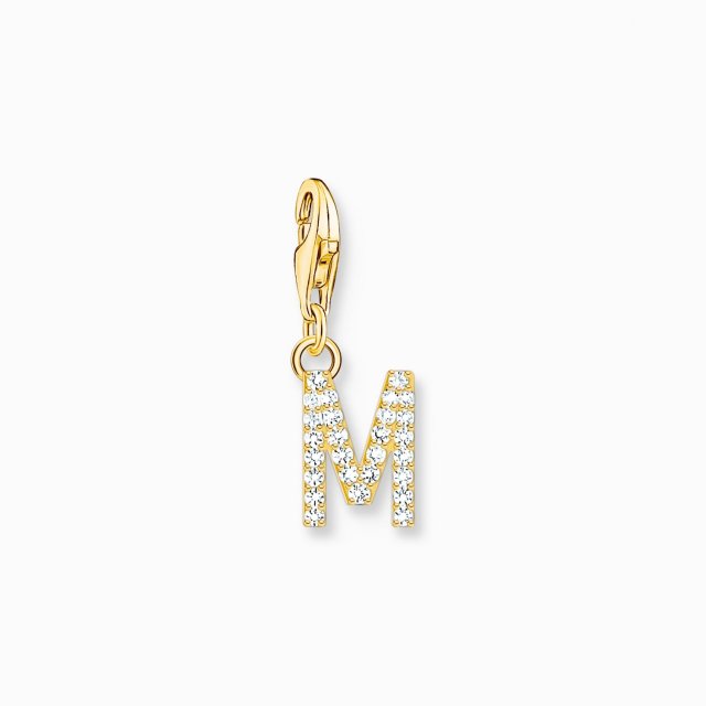 THOMAS SABO Silver Charm Pendant Letter M with White Stones Gold Plated