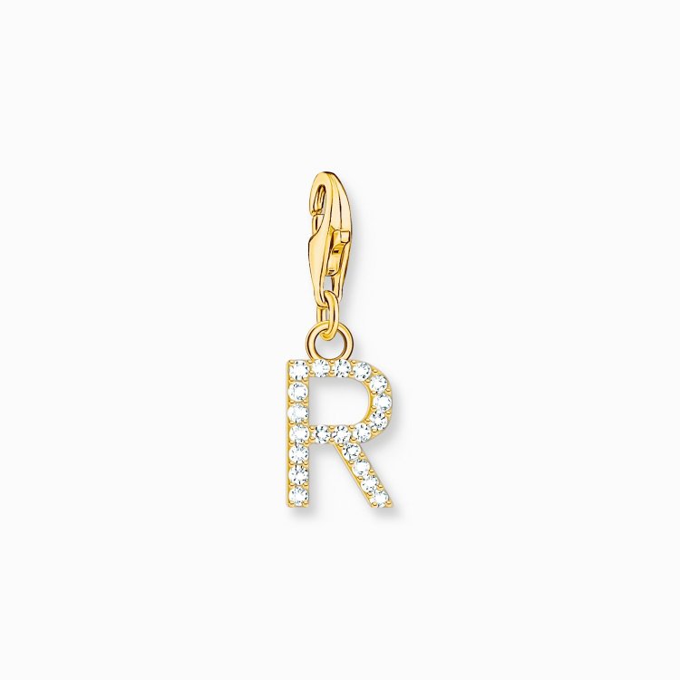 THOMAS SABO Silver Charm Pendant Letter R with White Stones Gold Plated