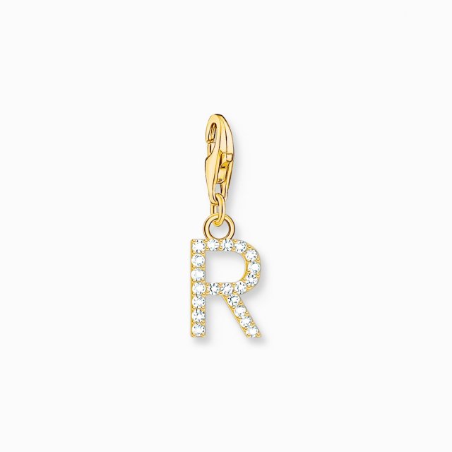 THOMAS SABO Silver Charm Pendant Letter R with White Stones Gold Plated