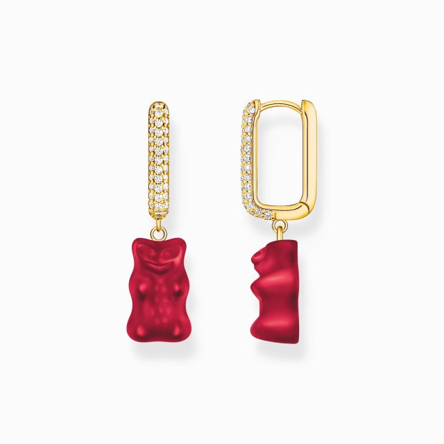 THOMAS SABO Gold-Plated Single Hoop Earring Medium Sized with Red Goldbears 