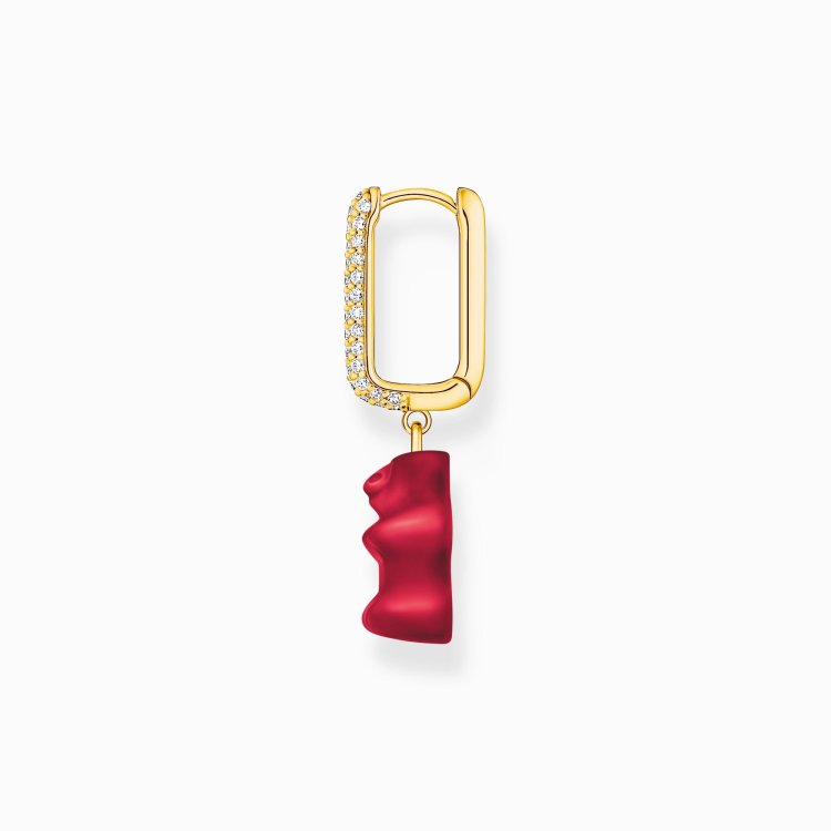 THOMAS SABO Gold-Plated Single Hoop Earring Medium Sized with Red Goldbears 