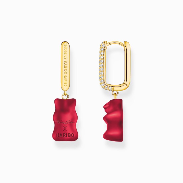 THOMAS SABO Gold-Plated Single Hoop Earring Medium Sized with Red Goldbears 