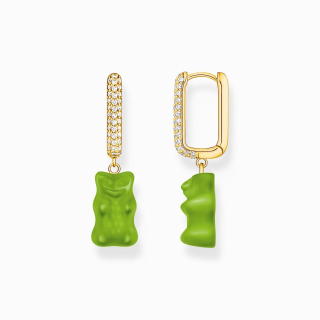 THOMAS SABO Gold-Plated Single Hoop Earring Medium Sized with Green Goldbears