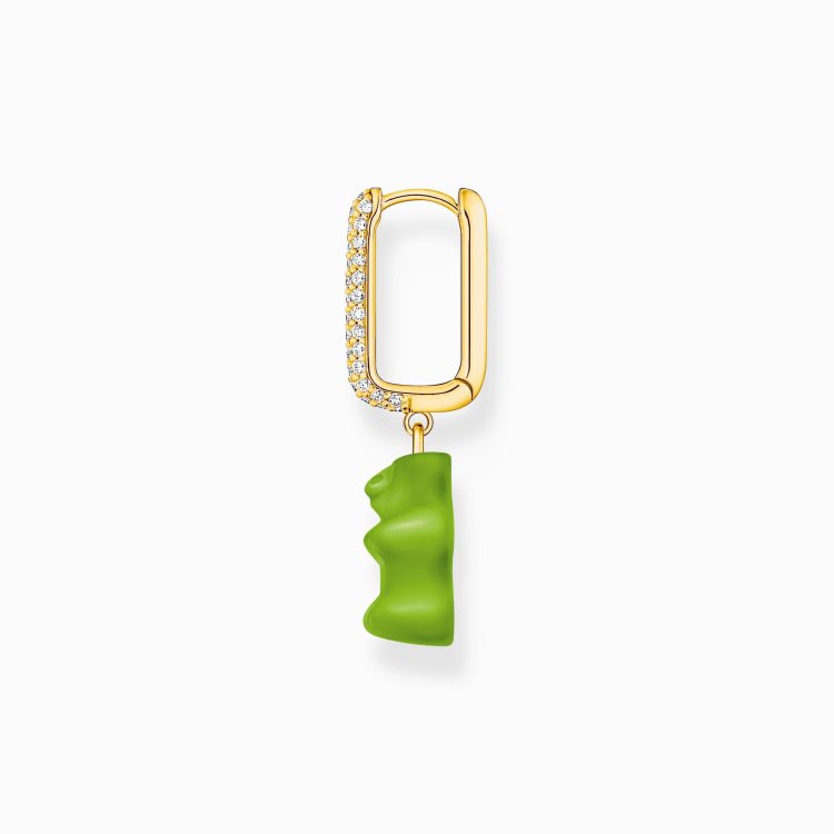 THOMAS SABO Gold-Plated Single Hoop Earring Medium Sized with Green Goldbears