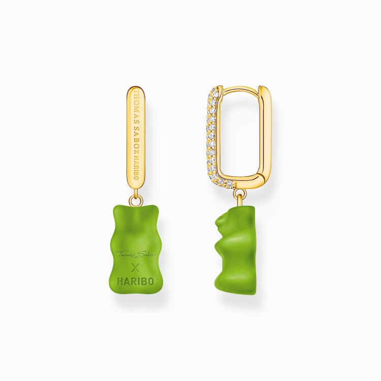 THOMAS SABO Gold-Plated Single Hoop Earring Medium Sized with Green Goldbears