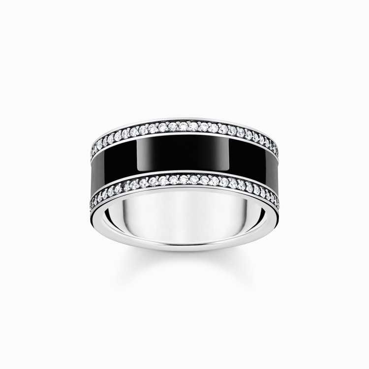 THOMAS SABO Silver blackened band ring with black cold enamel and zirconia