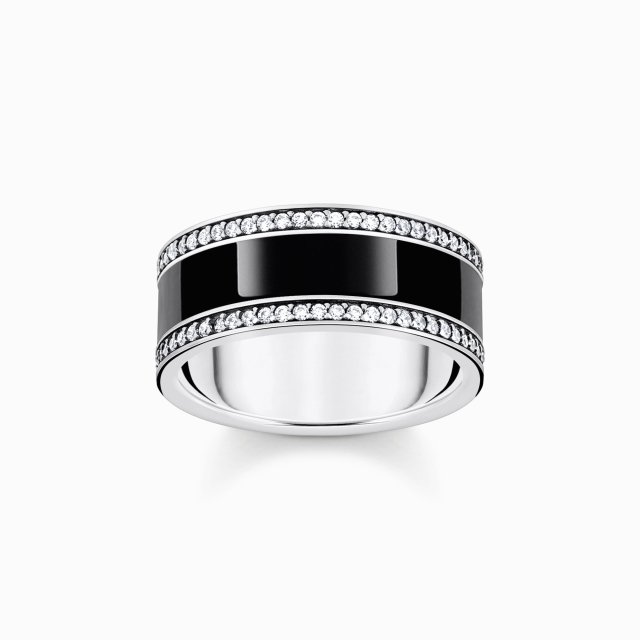 THOMAS SABO Silver blackened band ring with black cold enamel and zirconia