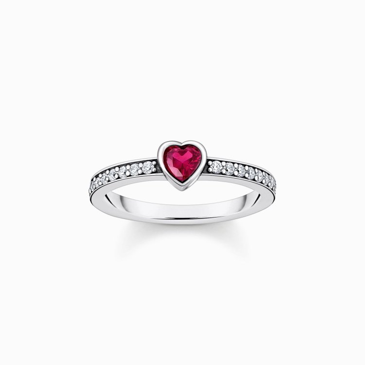 THOMAS SABO Silver Solitaire Ring with Red Heart-Shaped Stone