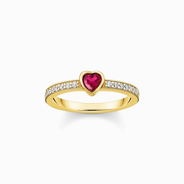 THOMAS SABO Gold-Plated Solitaire Ring with Red Heart-Shaped Stone