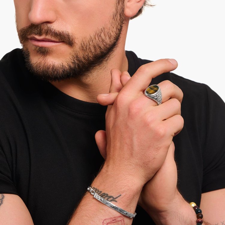 THOMAS SABO Silver Blackened Signet Ring with Gold Blue Tiger's Eye 