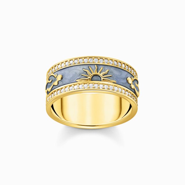 THOMAS SABO Gold-Plated Band Ring with Blue Cold Enamel and Cosmic Symbols