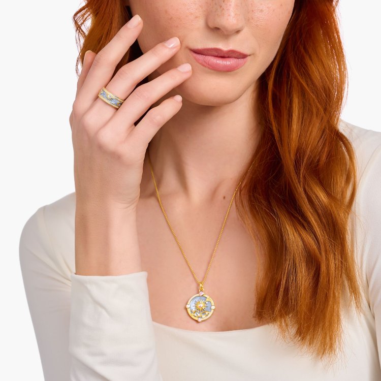 THOMAS SABO Gold-Plated Band Ring with Blue Cold Enamel and Cosmic Symbols