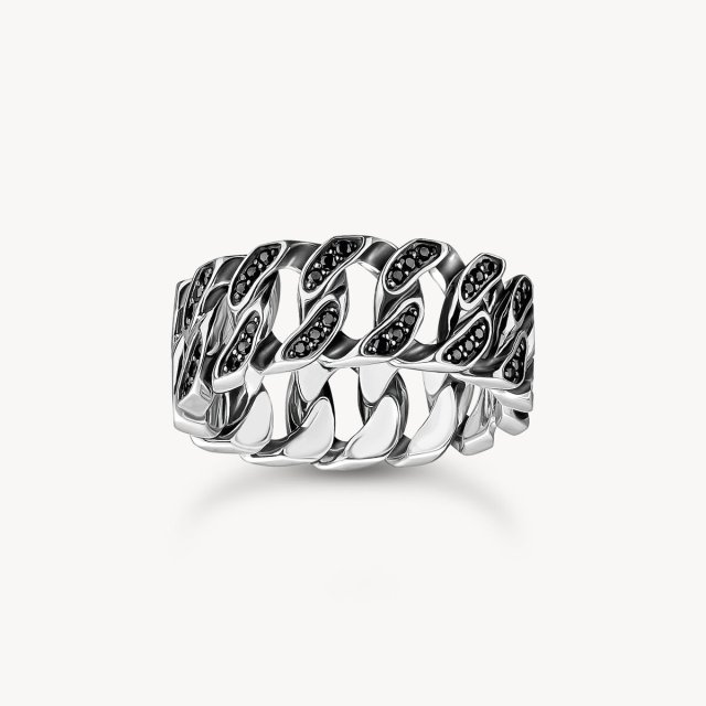 THOMAS SABO Silver Wide Ring with Chain Links and Black Stones